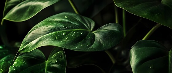 Lush vibrant philodendron leaves captured in a dramatic cinematic lighting setup creating a captivating and serene atmosphere