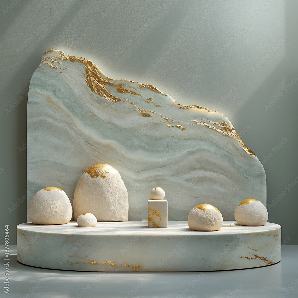 Poster a product display on a marble platform with golden accents.
