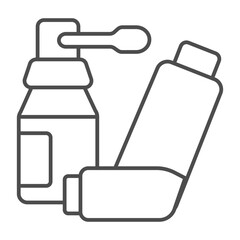 Obraz premium Two lung inhalers thin line icon, pharmacy concept. Vector graphics. Inhaler jars for fresh breathe sign on white background, outline style icon for mobile or web design.