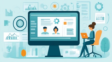 Modern Workplace: Woman Analyzing Data on Desktop with a Clean, Minimalist Design