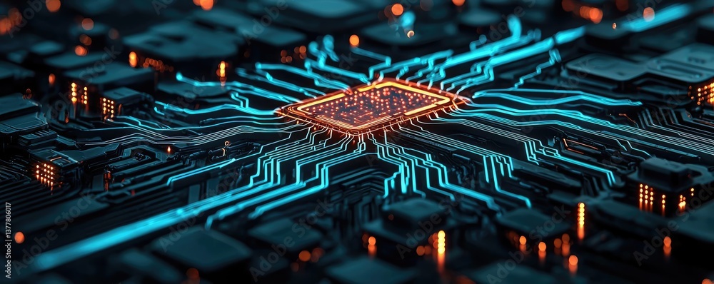 Poster cyberpunk biotech with glowing digital technology concept. close-up view of a computer circuit board