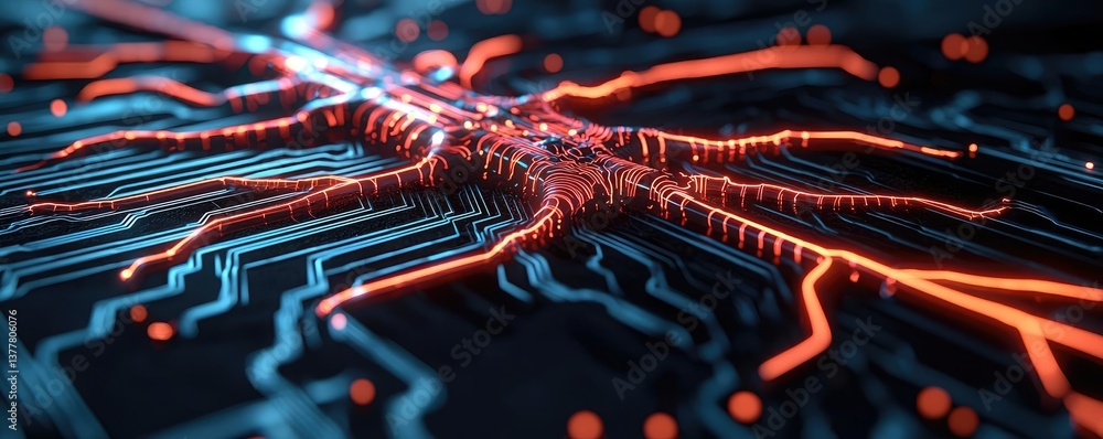 Poster cyberpunk biotech with glowing digital technology concept. a vibrant close-up of a circuit board wit
