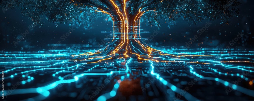 Poster cyberpunk biotech with futuristic greenery network concept. a futuristic digital tree with glowing c