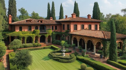 Obraz premium Mediterranean Villa with Lush Garden and Fountain
