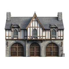 Medieval town hall with arched wooden doors and ornate stone balcony, isolated on a transparent  background.