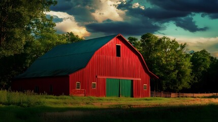 A picturesque red barn with a green storefront set against a rural countryside landscape and illuminated by a contemporary cinematic lighting design