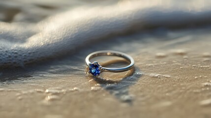 A single diamond ring rests on the wet sand of the beach