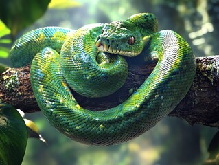 Green Tree Python Coiled on Branch Looking at Camera Close Up