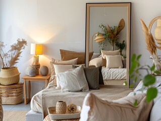 Obraz premium Modern bedroom with mirror, bed, sofa, lamp, plant, pillows, and decorative items on table. Cozy and inviting.