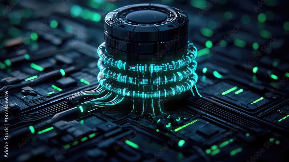 Poster cyberpunk biotech with glowing futuristic greenery concept. futuristic circuit board with glowing el