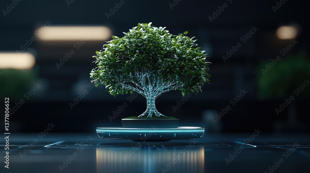 Poster cyberpunk biotech with futuristic greenery network concept. a futuristic bonsai tree with glowing ro