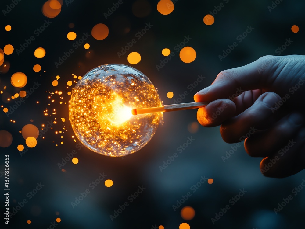 Poster igniting a glowing orb: a hand and matchstick in mystical bokeh