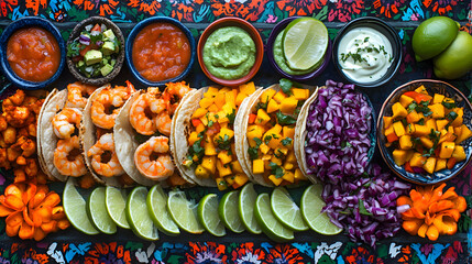 A vibrant taco platter featuring shrimp tacos with mango salsa, lime wedges, and avocado crema, styled with a festive Mexican vibe