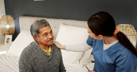 Fototapeta premium Nurse, mature man and discussion with support, empathy and healthcare for retirement. Patient, caregiver and pensioner with nursing home, rehabilitation and bed for medical consulting and service