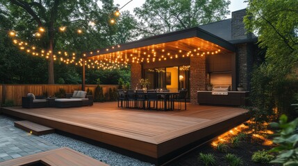 Obraz premium Modern outdoor patio with wooden deck, string lights, and dining area at dusk