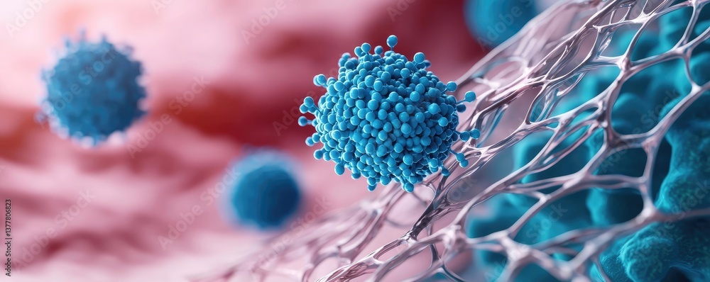 Poster blue exosome particles in scientific three-dimensional concept. close-up of virus interacting with c