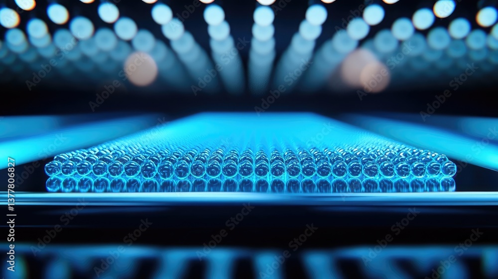 Poster blue exosome particles in scientific three-dimensional concept. futuristic blue illuminated backgrou