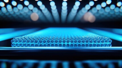 Blue exosome particles in scientific three-dimensional concept. Futuristic blue illuminated background with patterns and textures.