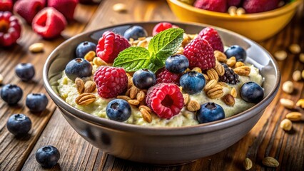 Low Light Photography: Vibrant Healthy Oatmeal Breakfast with Berries & Nuts