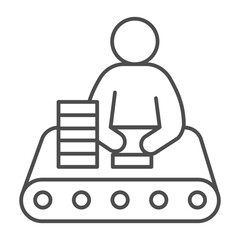 Worker man with boxes at conveyor belt thin line icon, pharmacy concept. Vector graphics. Conveyor worker, medicine product sign on white background, outline style icon for mobile or web design.