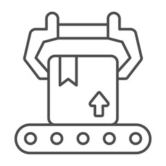 Box on conveyor with large robotic arm thin line icon, pharmacy concept. Vector graphics. Conveyor belt package, production sign on white background, outline style icon for mobile or web design.