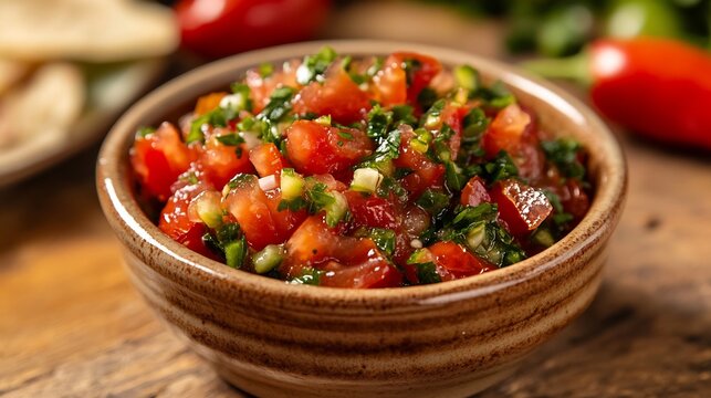 Turkish Ezme Spicy Tomato Pepper Salsa a small ceramic bowl high key lighting enhancing the bright reds and greens of the fresh ingredients sunlit Mediterranean table setting