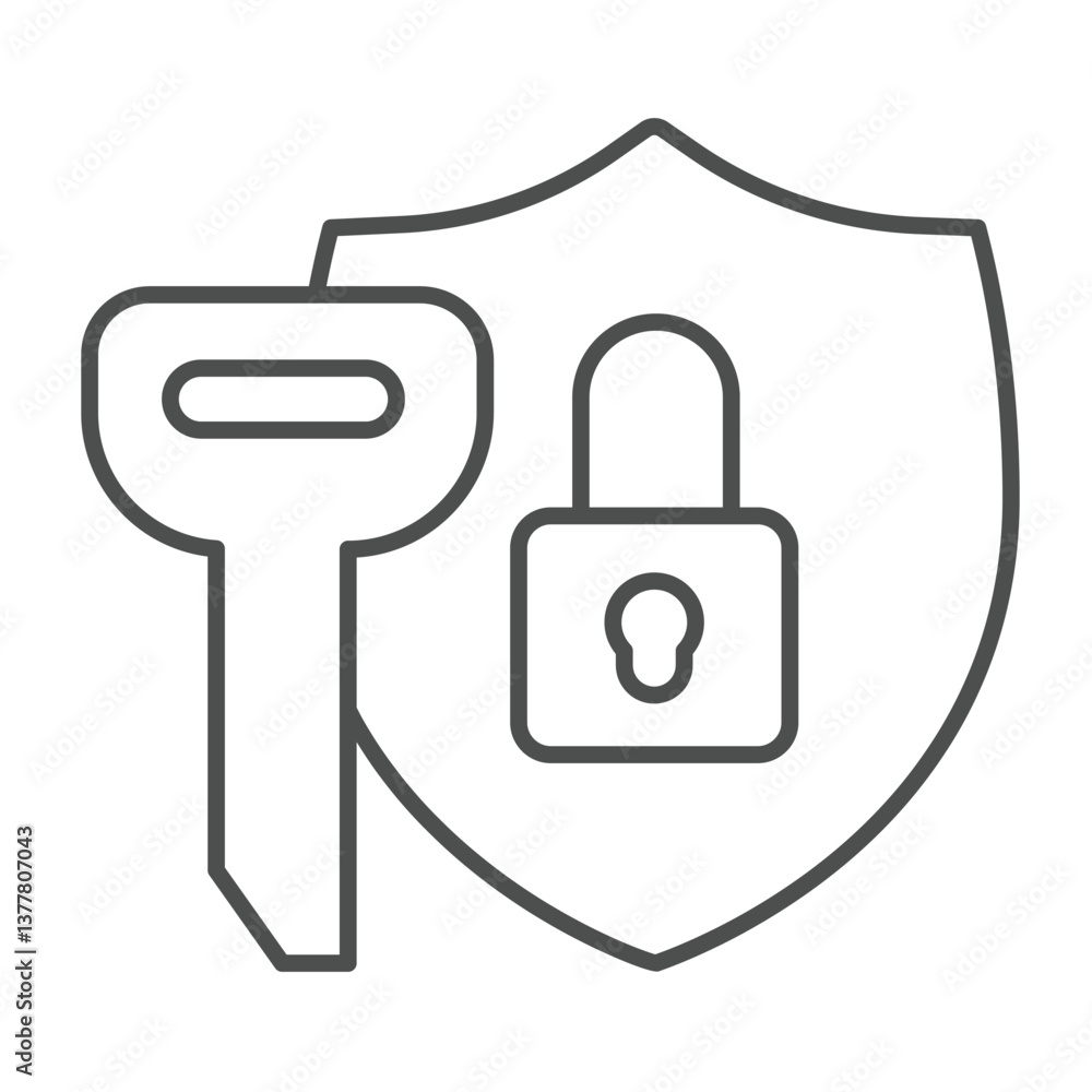 Poster key and safety emblem with lock thin line icon, design recruitment concept. vector graphics. large k