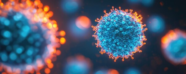 Blue exosome particles in scientific three-dimensional concept. Close-up view of a virus under a microscope with vivid details.