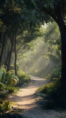 Obraz premium A tranquil natural path winding through a verdant landscape of towering trees and abundant foliage bathed in a captivating cinematic interplay of light and shadow