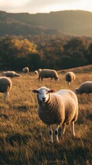 Fototapeta premium Sheep peacefully grazing in a lush grassy pasture near a traditional farm bathed in dramatic cinematic lighting that creates a moody atmospheric scene