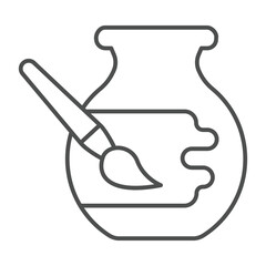 Clay jug and paint with brush thin line icon, pottery making concept. Vector graphics. Artistic painting for clay product sign on white background, outline style icon for mobile or web design.