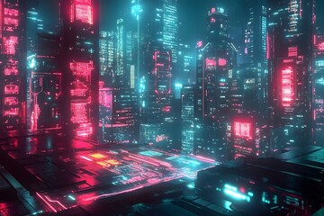 Obraz premium A futuristic cityscape at night with neon lights illuminating tall buildings and a reflective street