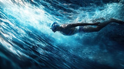 Underwater swimmer glides through deep ocean waves