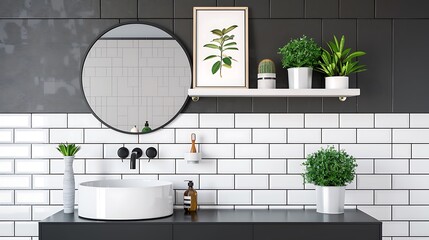 Modern black and white bathroom with round mirror, tiled wall, shelf with plants, and poster frame above sink. Minimalist style.