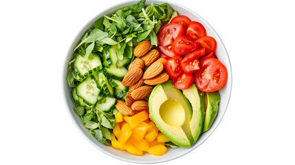 Overhead shot of a vibrant salad bowl with fresh ingredients neatly placed