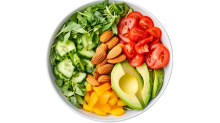 Overhead shot of a vibrant salad bowl with fresh ingredients neatly placed