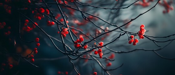 view of a tree s branches adorned with striking red flowers captured under a contemporary cinematic lighting setup that creates a moody atmospheric ambiance