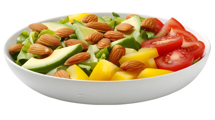 Close up of a salad with almonds avocado tomatoes and yellow fruit