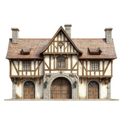 Fototapeta premium Medieval town hall with arched wooden doors and ornate stone balcony, isolated on a transparent background.