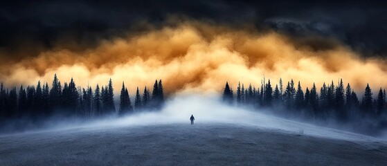 Solitary figure walks towards silhouetted trees in misty golden light beneath an ominous sky