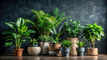 Fototapeta premium Lush Indoor Plants Modern Pots Dark Wall Background Candid Photography