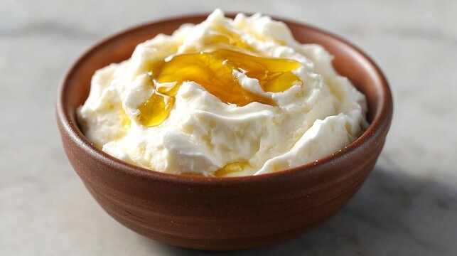 Turkish Kaymak Clotted Cream a small bowl high key lighting accentuating its smooth glossy texture honey drizzled on top bright modern caf setting