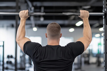 Man performs pull-ups on workout bar in a modern gym early in the morning for fitness training and strength building
