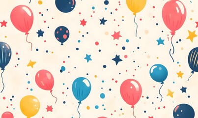 A festive background with colorful balloons stars and confetti scattered across a cream colored surface