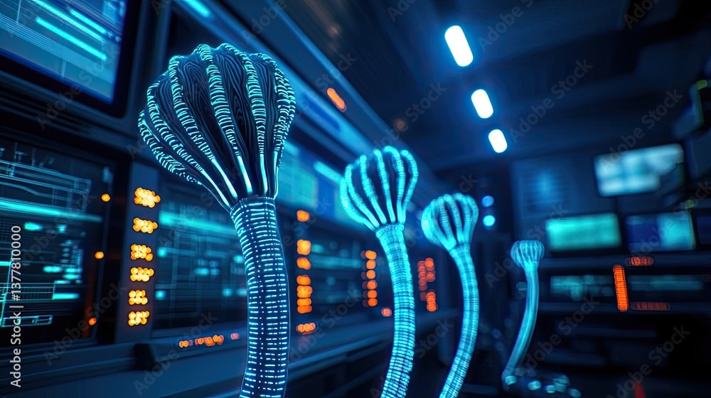 Poster cyberpunk biotech with glowing futuristic greenery concept. futuristic glowing data structures in a 