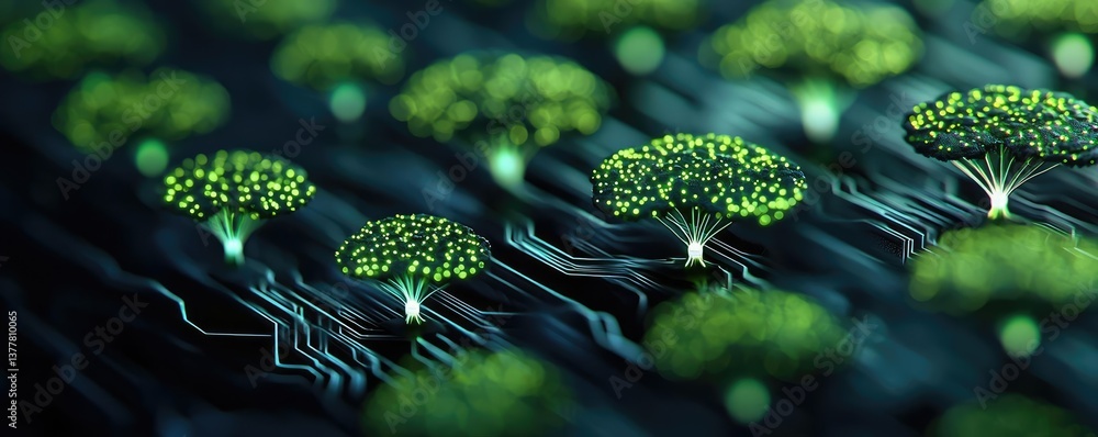 Poster cyberpunk biotech with futuristic greenery network concept. a digital representation of trees growin