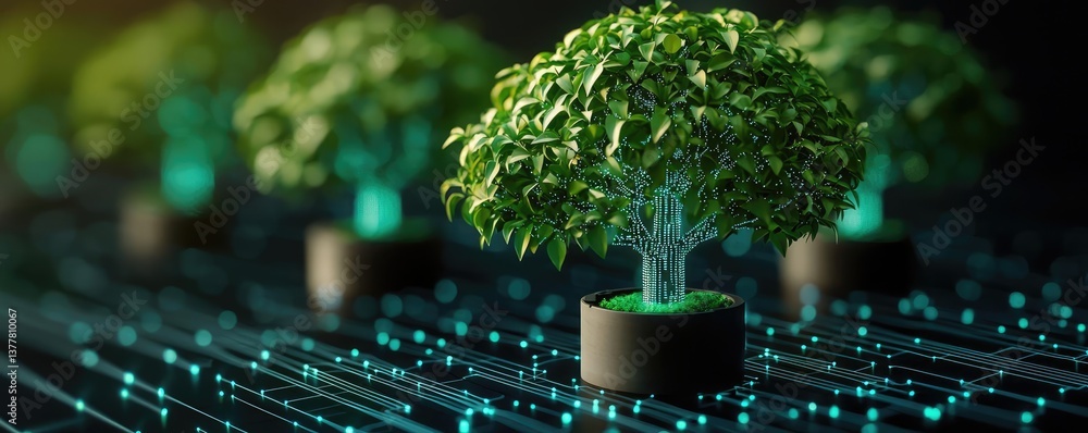 Poster cyberpunk biotech with futuristic greenery network concept. futuristic trees with glowing roots on a