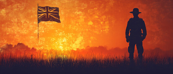 australian soldier silhouette on the astonishing sunset sky background; britain flag waving on the wind; 