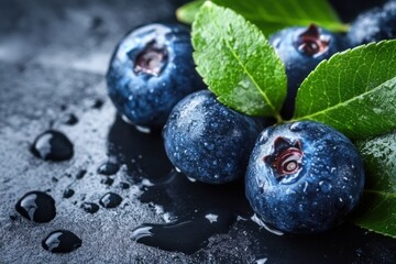 Cinematic Macro Product Shot of Fresh Wet Blueberries with Leaves on Dark Stone