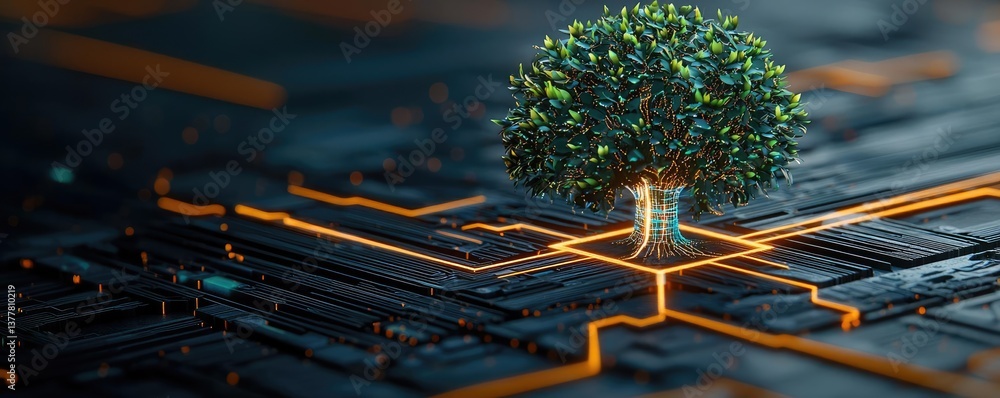 Poster cyberpunk biotech with futuristic greenery network concept. tree growing from a circuit board symbol